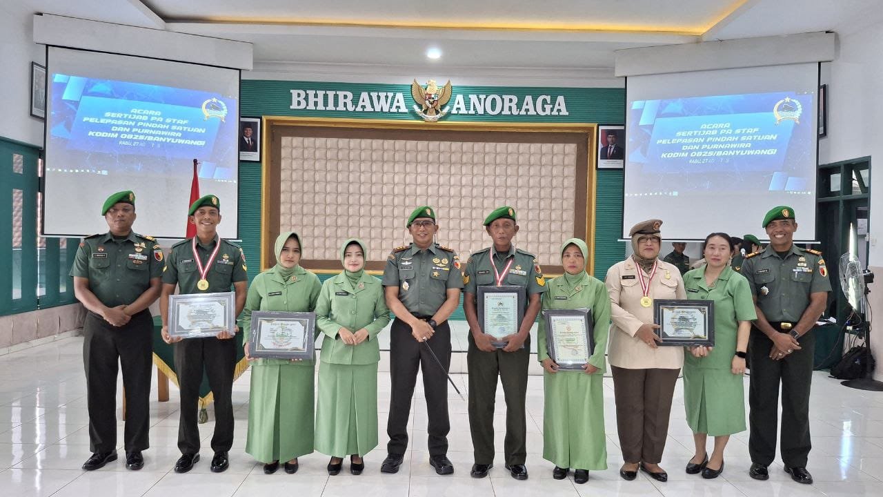 Kodim 0825/Banyuwangi Gelar Acara Serah Terima Jabatan Perwira Staf, Personel Pindah Satuan, dan Pelepasan Anggota Purna Tugas